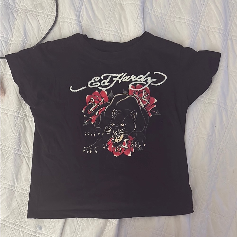 Ed Hardy Black and Red Crop Top with Graphic Design